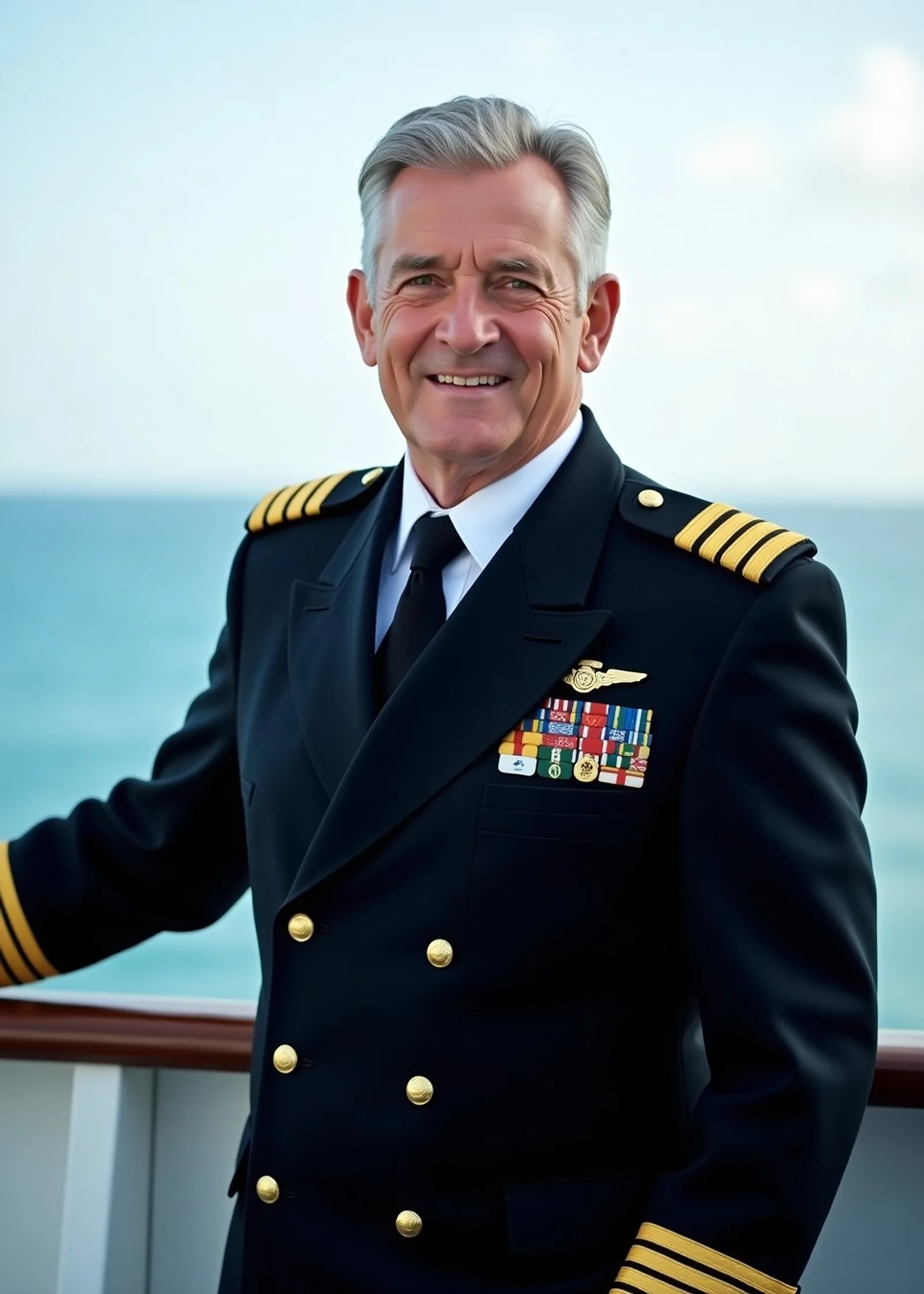 Ship officer in a navy uniform with gold stripes standing on a bridge wing