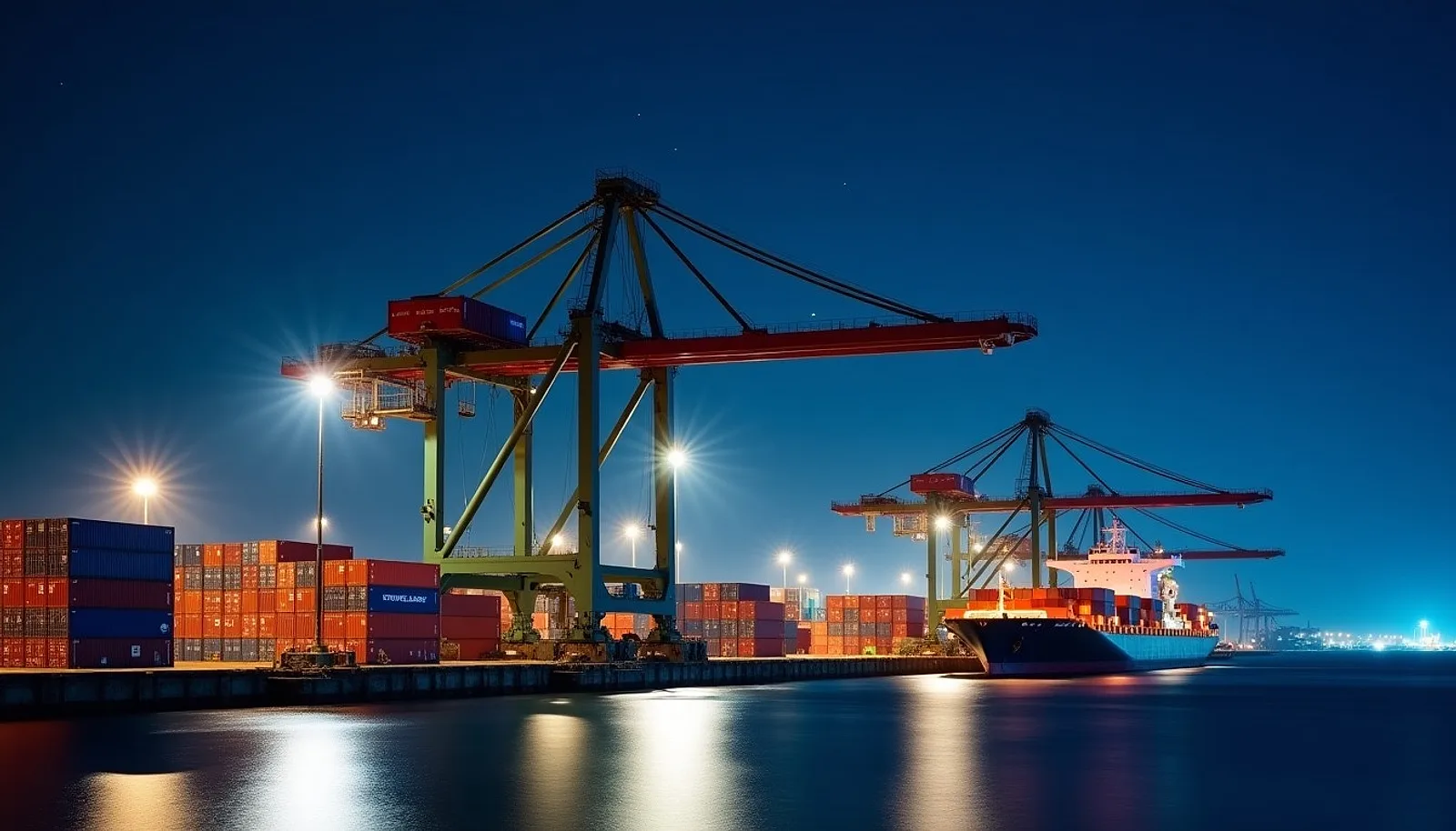 Container port at night with lit gantry cranes, stacked containers and a ship at the berth