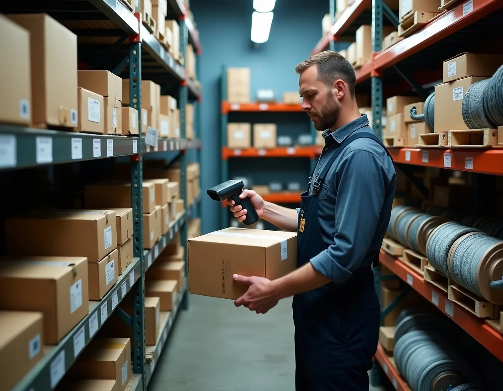 Storekeeper scanning a box in a tidy marine spares storeroom with tall labelled shelves