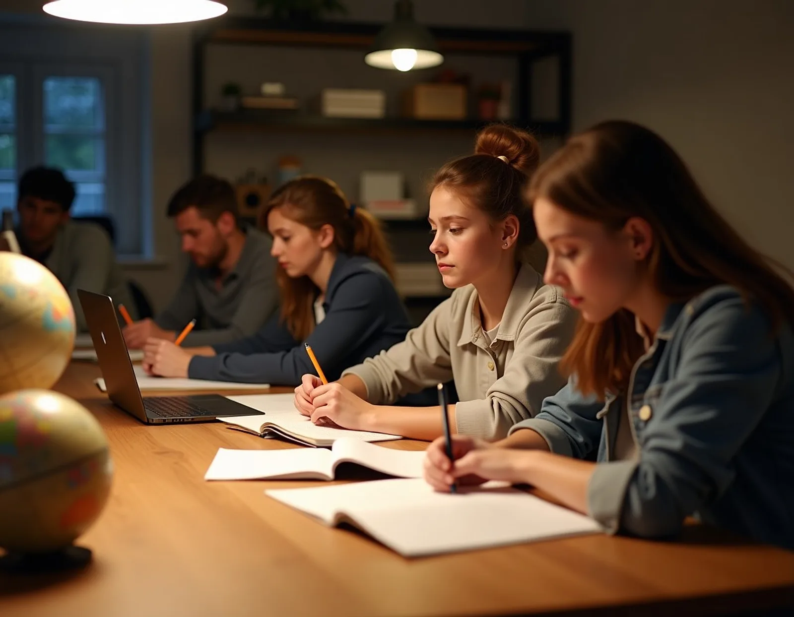 Students studying together with textbooks, a laptop and a globe at a wooden table