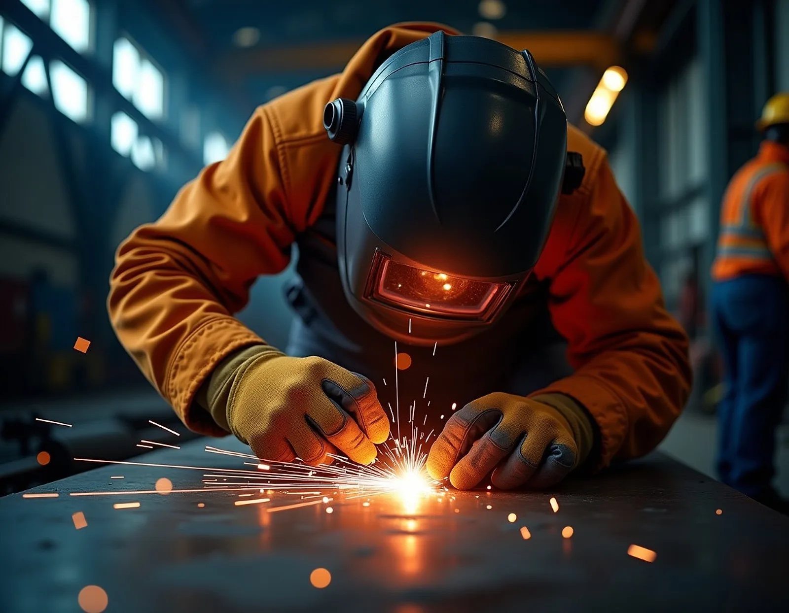Welder in a protective helmet and gloves welding steel plate with bright sparks